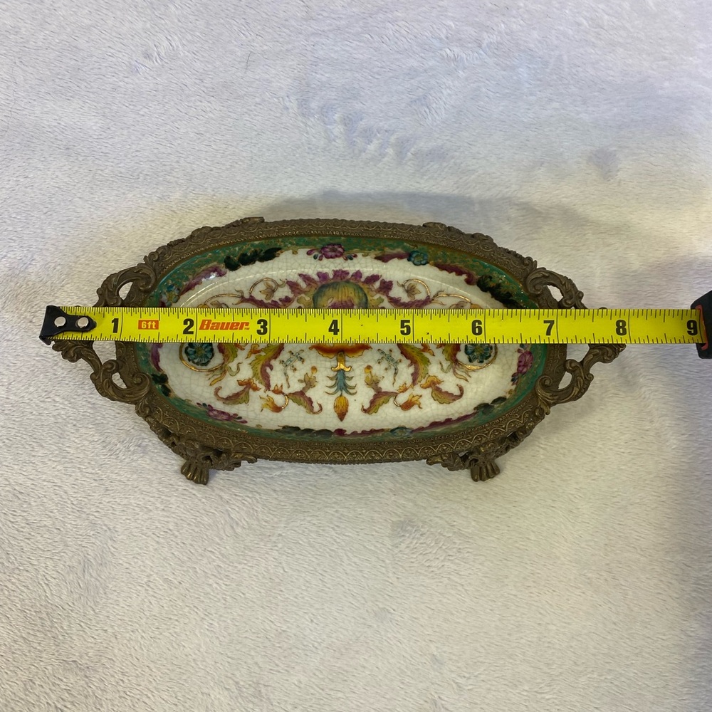 Antique Hua Rong Tang Zhi Porcelain & Ornate Bronze Footed Floral Tray 8” - Picture 8 of 9